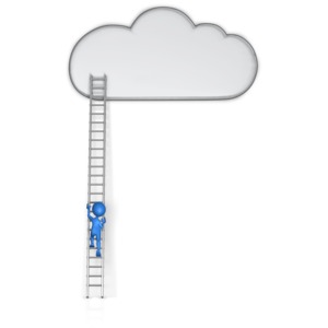 A figure climbing a ladder to a cloud.