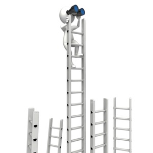 An image of a stick figure on top of the corporate ladder looking out using binoculars.