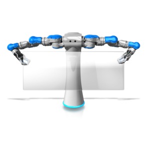 A mechanical robot holds a glass blank sign.