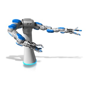 A mechanical robot gesturing with arms.