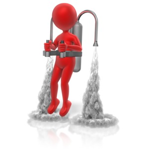 A stick figure wearing a rocket pack shoots out smoke as it hovers above the ground.