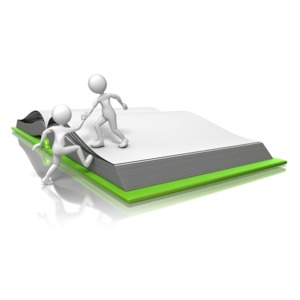 One stick figure is shown helping another stick figure up on the same page of a book.