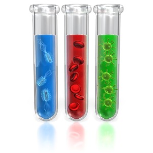 Three test tubes containing bacteria, blood cells, and viruses.