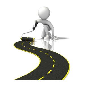 An image stick figure creating a road by painting with a roller.