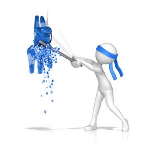 A figure hits a pinata and goodies burst out.