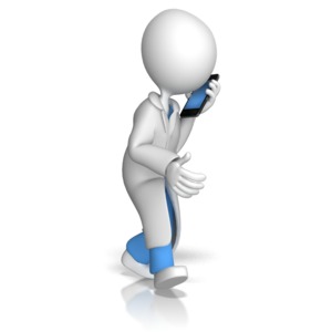 A doctor or nurse is shown walking along talking on a cell phone.