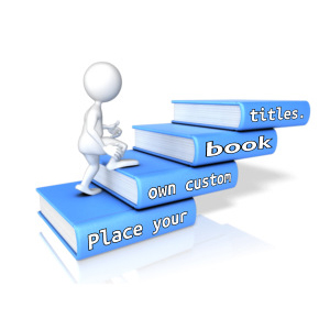 An image of a stick figure walking up steps made from custom text books.