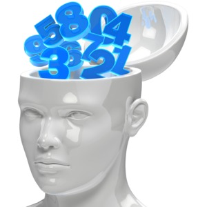 This clip art image shows an open head with numbers 0 - 9 in it.