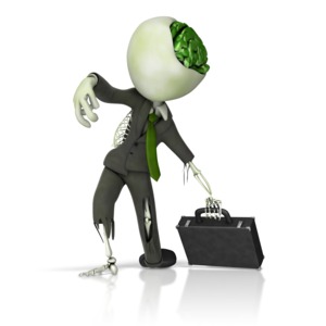 This clip art image shows a business figure as a zombie.  Could display a concept of being caught up in a mundane workday.