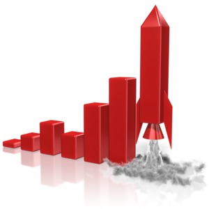 One bar of a bar-graph takes off like a rocket. This clip-art can represent a companies profits &#039;taking off&#039;.