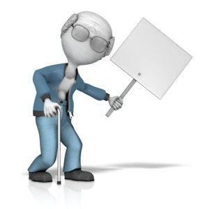 This clip art image shows an elderly figure with a cane holding a blank sign.