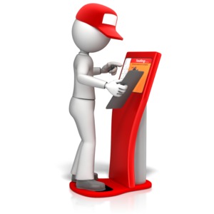 An image of a service type figure with clipboard standing at computer station.