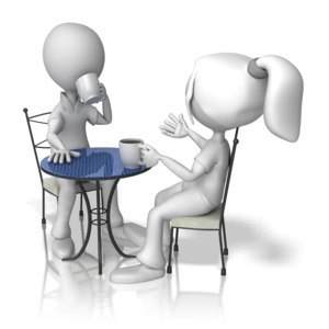 Two stick figures enjoy a cup of coffee and conversation in this clip art image.
