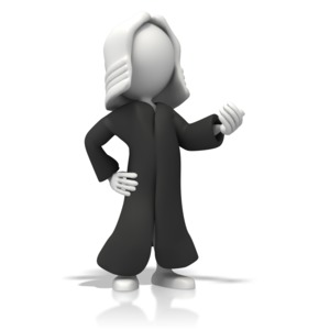 A 3D stick figure dressed as a judge wears a long black robe.