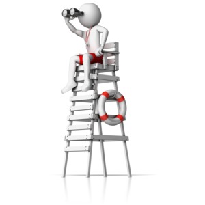 A lifeguard figure sits on a watchtower looking out with binoculars. 