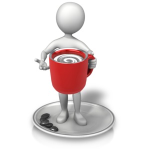 An image of a stick figure holding a cup of coffee with coffee beans and a plate.