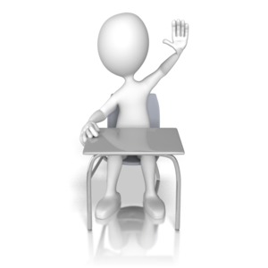 A student is shown raising their hand while sitting in a desk.