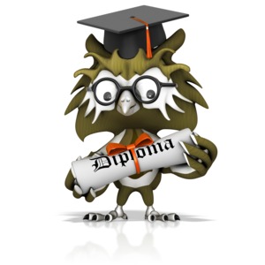 This clip art image shows an owl holding a diploma wearing a graduation hat.