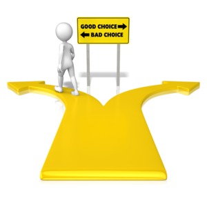 An image of a stick figure taking the bad path down the road.