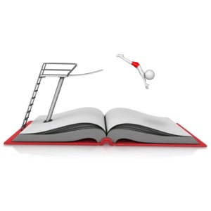 A figure dives off a high dive into a book.