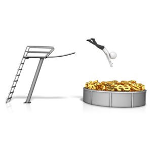 This clip art image shows a figure diving into a pool of money symbols head first.  Could display an idea of not thinking before investing.