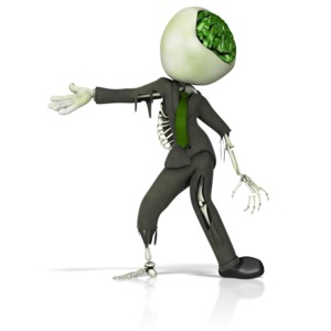 A office business zombie gesturing with in a direction.