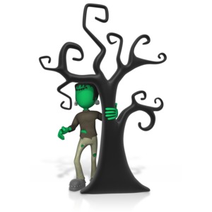 An image of a green monster hiding by a tree.