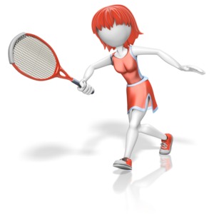 A female stick figure swings her tennis racket.