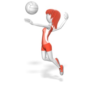 A female stick figure plays volleyball.