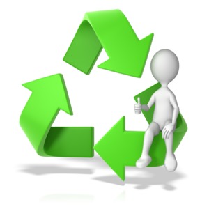 This clip art image shows a 3d recycle symbol with a stick figure giving a thumbs up  while sitting inside.