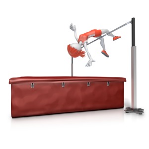 A female sports figure clears the high jump bar.