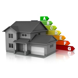 An image of a house with a efficiency rating system behind it.