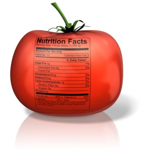 This clip art image shows a tomato with a nutrition label on it.