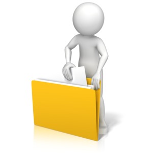 An image of a stick figure pulling a piece of paper out of a large file.