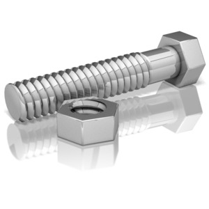 A shiny nut and bolt laying on the ground.