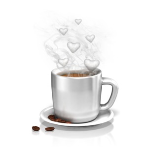 This clip art image shows a cup of hot coffee with steamy hearts coming out of it.