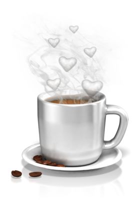 An image of a coffee custom with steamy heart shapes coming out of it.