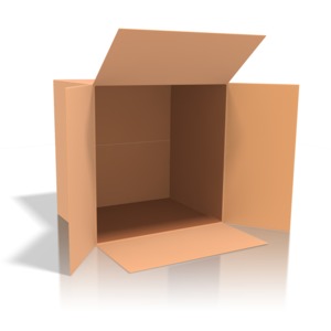 A single cardboard box open and laying on its side.