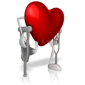 A heart is shown using crutches.