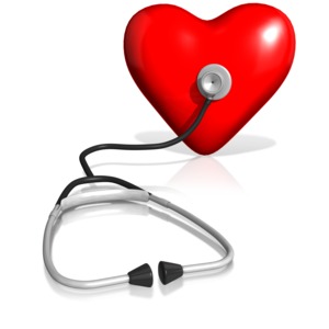 A stethoscope is shown on a heart.