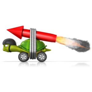 This clip art image shows a turtle with wheels and a rocket strapped to its back.