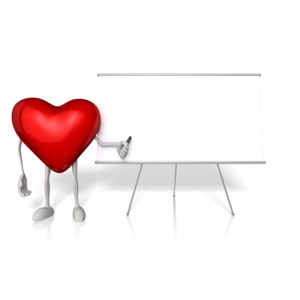 A heart character is shown presenting at a board.