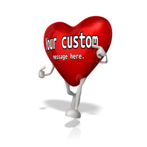 A heart character is shown walking and pointing at custom text.