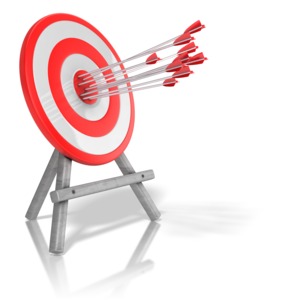 This clip art shows a cluster of arrows shot into the bullseye of a target.
