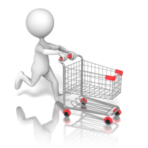 In this piece of clipart a stick figure is shown running with a shopping cart.