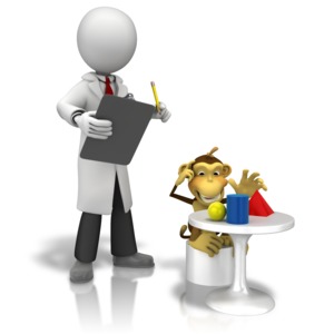 An image of a monkey taking a test while a scientist observes.