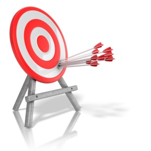 This animation shows a cluster of arrows shot into a target in the outer ring.   Displays a concept of precision by not accurate. 