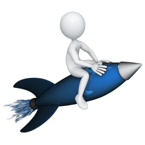 A stick figure riding on a rocket. 