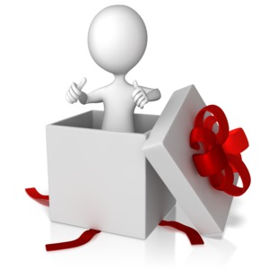 A stick figure is shown popping out of a present.