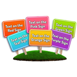 An image of six custom text signs of different colors.